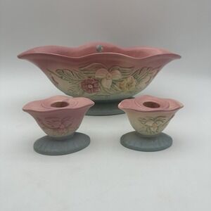 Vintage Hull Pottery Dogwood Hull Art USA Large Planter Bowl & Candleholders Set